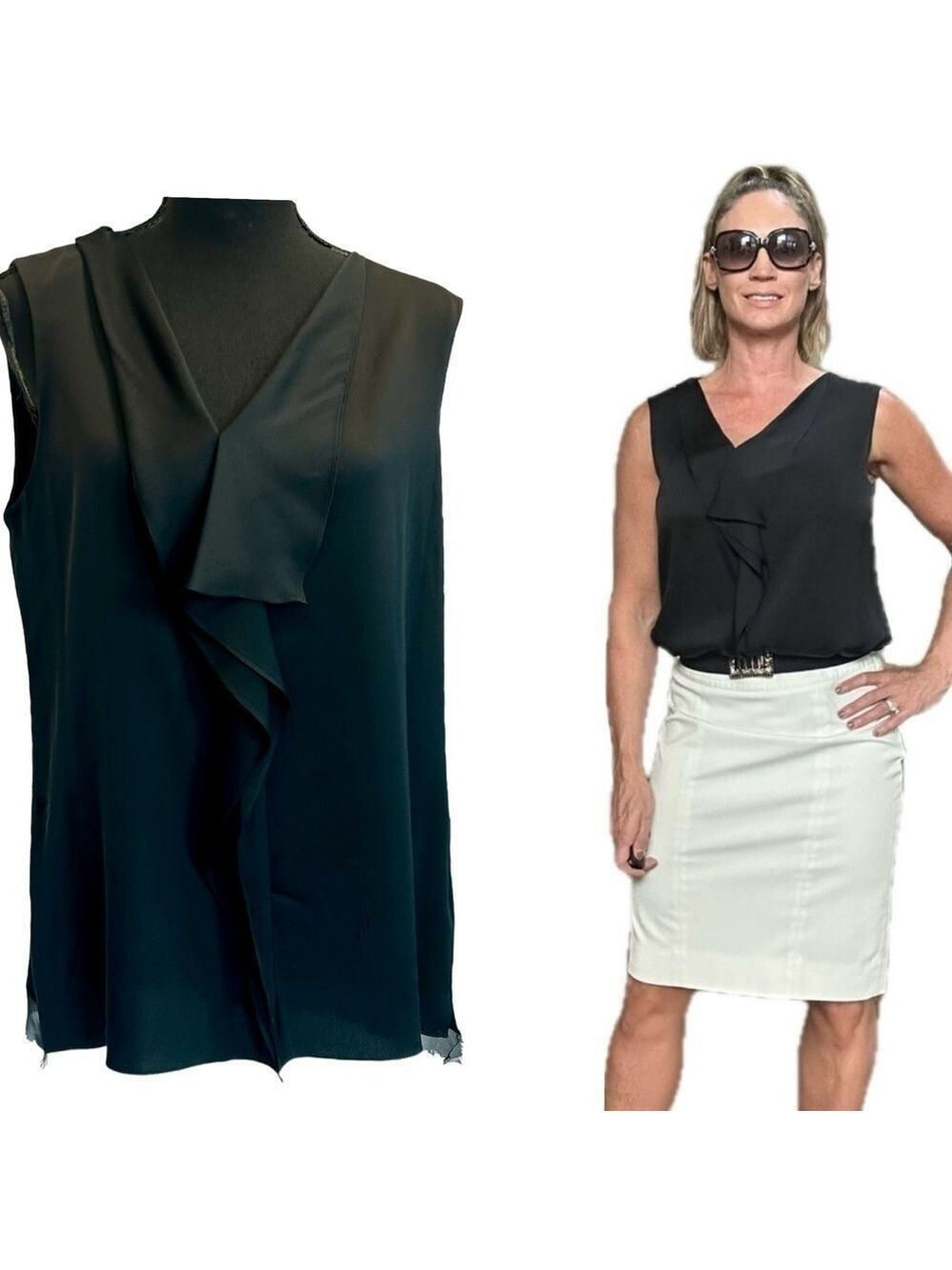 Elie Tahari black satin ruffle frill cascade sleeveless blouse stretchy Sz M
